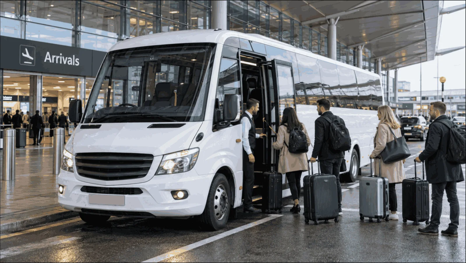 Passengers with luggage boarding a private minibus outside Heathrow Airport for a professionally driven group transfer into London.
