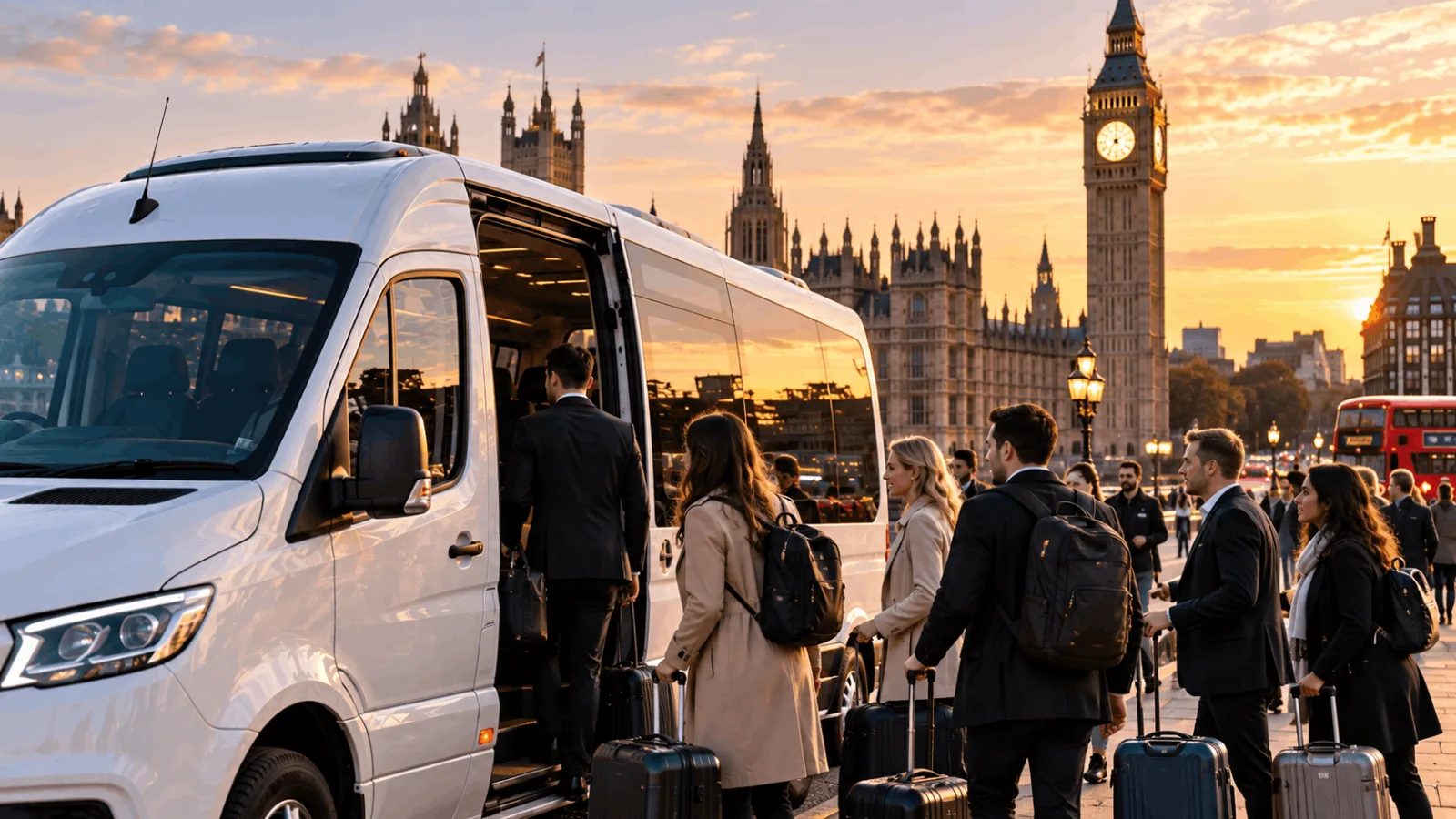 Passengers boarding a private minibus in Central London for professionally driven group transport across the city.